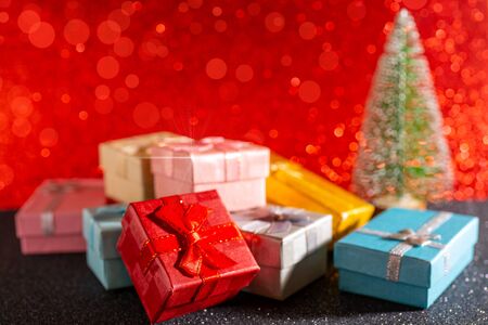 Christmas tree and gift box. Festive christmas background.の写真素材
