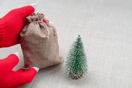 Christmas gifts bag in female hands. Red knitted gloves.の写真素材