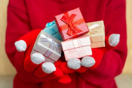 Christmas gift box. Festive composition. Red background.の写真素材