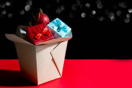 Christmas composition. Wok paper box. Christmas gift boxes.の写真素材