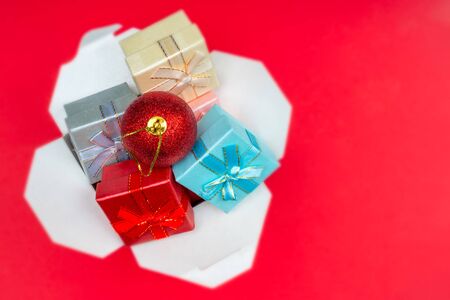 Christmas composition. Wok paper box. Christmas gift boxes.の写真素材