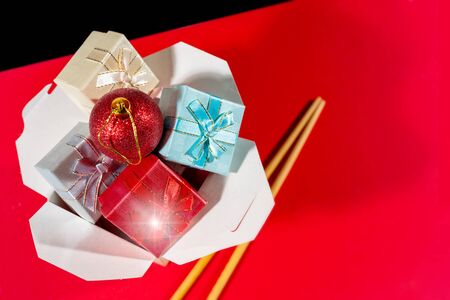 Christmas composition. Wok paper box. Christmas gift boxes.の写真素材