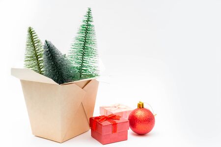 Christmas composition. Wok paper box. Christmas gift boxes. Fir-tree.の写真素材