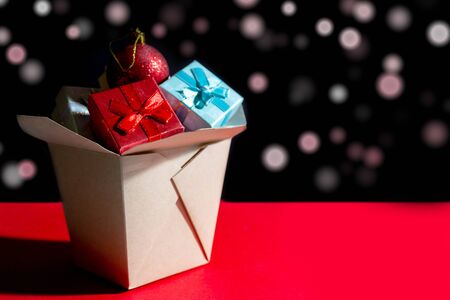 Christmas composition. Wok paper box. Christmas gift boxes.の写真素材
