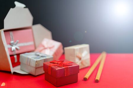 Christmas composition. Wok paper box. Christmas gift boxes.の写真素材