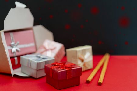 Christmas composition. Wok paper box. Christmas gift boxes.の写真素材