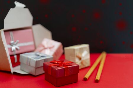 Christmas composition. Wok paper box. Christmas gift boxes.の写真素材