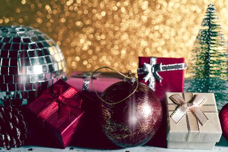 Christmas composition. Christmas gift boxes. Holiday greeting card background.の写真素材