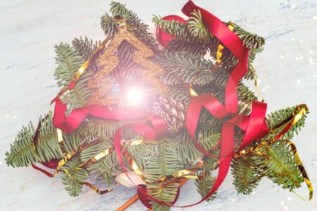 Christmas composition. Christmas tree, cone and decorations.の写真素材