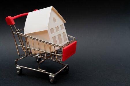 Little white paper house in trolley. Selling real estate in store.の写真素材