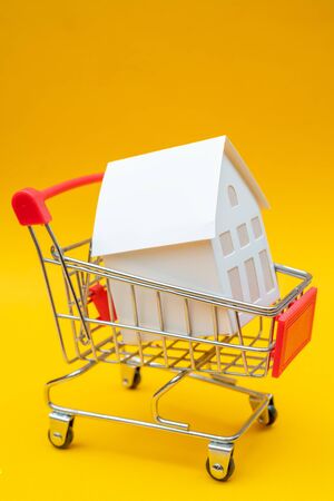 Little white paper house in trolley. Selling real estate in store.の写真素材