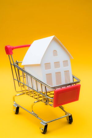 Little white paper house in trolley. Selling real estate in store.の写真素材
