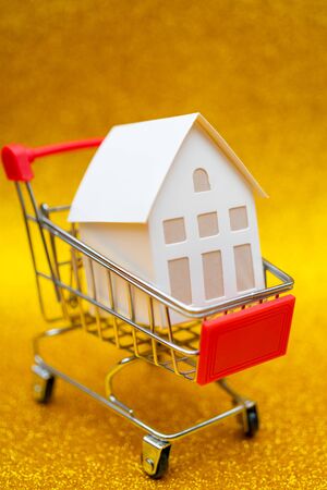 Little white paper house in trolley. Selling real estate in store.の写真素材