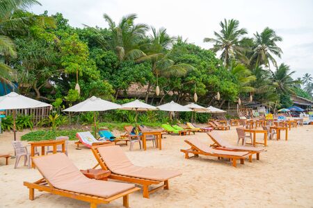 Beach loungers and beach umbrellas on the sandy shore.の写真素材