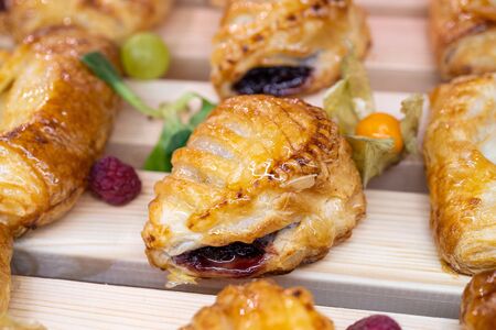 Cake with raspberry jam. Sweet treat for the holiday. Delicious fresh pastries.の写真素材