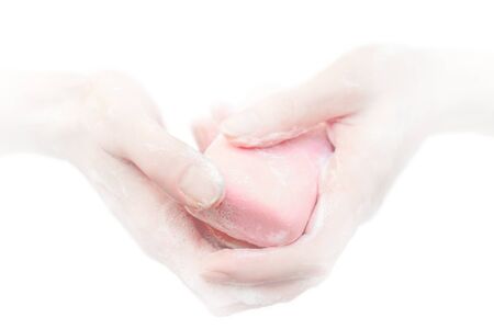 Antibacterial soap in the hands. Hand disinfection with soap. Cleanliness and hygiene in everyday...
