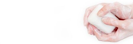 Antibacterial soap in the hands. Hand disinfection with soap. Cleanliness and hygiene in everyday...