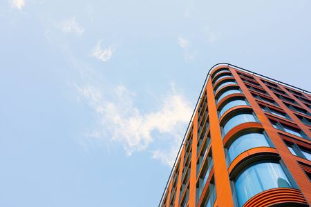 Moscow, Russia, June 22, 2020. Modern building, view from below. Architecture in modern city. Sale and rental of real estate.の写真素材