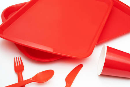 Red plastic food tray in a fast food restaurant.の写真素材