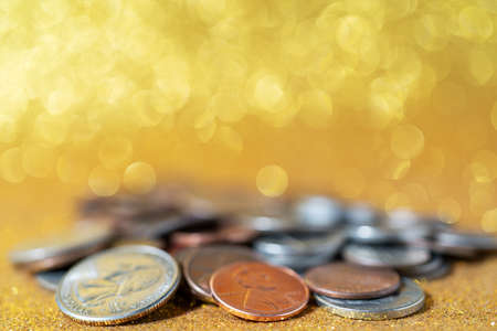 Metallic American cents. Storage and accumulation of money in the financial system of banks and loans.の写真素材