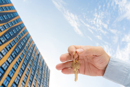 Apartment key in a man's hand. Brass house door lock key. Modern building against the blue sky. View from below.の写真素材