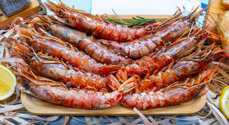 Tiger chrimp. Selling seafood in a supermarket. Delicious gourmet shrimp for the festive table.の写真素材