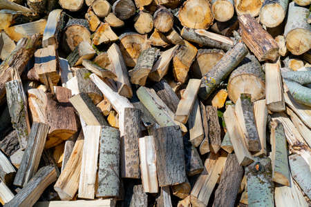 Wooden chocks for kindling the fireplace. Natural wood background.の写真素材
