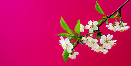 Blooming cherry branch. Spring white flowers. Wine tree in bloom.の写真素材
