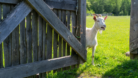 A pet goat enters the wooden gate. Pets on the farm.の写真素材
