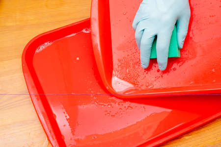 Disinfection of red plastic food tray in fast food. Washing the tray with a sponge and soap.の写真素材