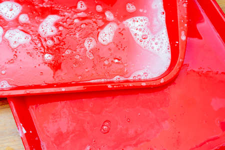 Disinfection of red plastic food tray in fast food. Washing the tray with a sponge and soap.の写真素材