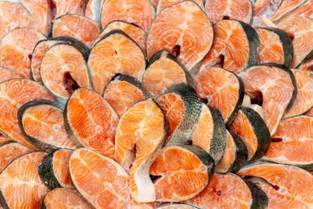 Salmon fish steaks. Selling seafood in the store.の写真素材