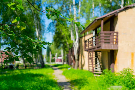 In summer, cozy houses among green trees. Park area.の写真素材