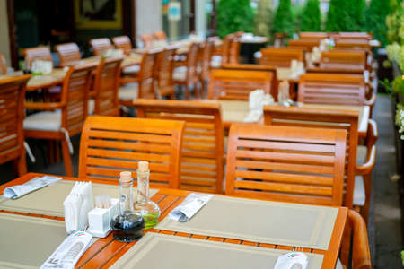 Moscow. Russia. August 01 2021. Interior of a summer street cafe in the city.のeditorial素材