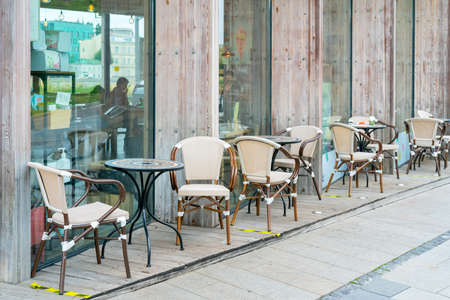 Moscow. Russia. August 01 2021. Interior of a summer street cafe in the city.のeditorial素材