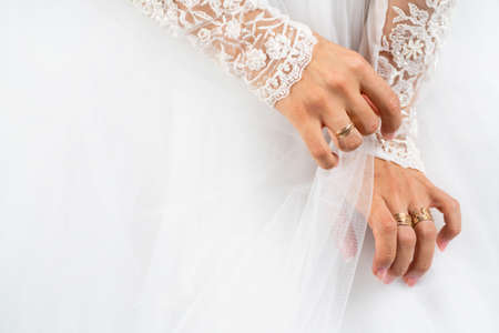 White dress of the bride. Light fabric texture. Traditional wedding wear.の写真素材