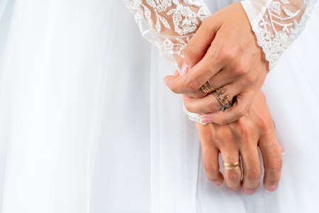 White dress of the bride. Light fabric texture. Traditional wedding wear.の写真素材