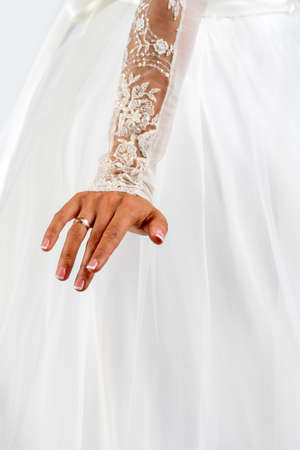 White dress of the bride. Light fabric texture. Traditional wedding wear.の写真素材