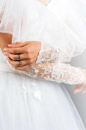 White dress of the bride. Light fabric texture. Traditional wedding wear.の写真素材