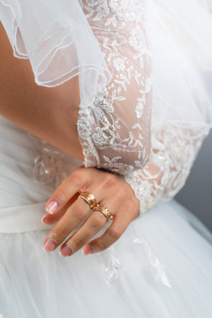White dress of the bride. Light fabric texture. Traditional wedding wear.の写真素材