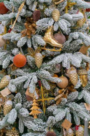 A festively decorated Christmas tree. Bright festive background.の写真素材