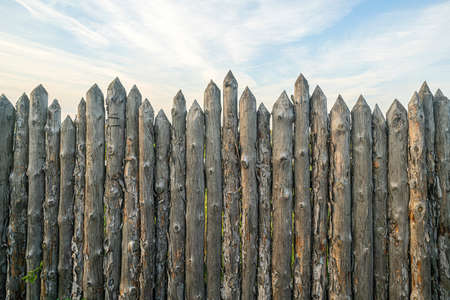 Wooden palisade made of logs. Log wooden fence. Sharp stakes in the ground.の写真素材