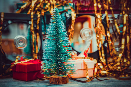 Festive green Christmas tree. Background for a greeting card.