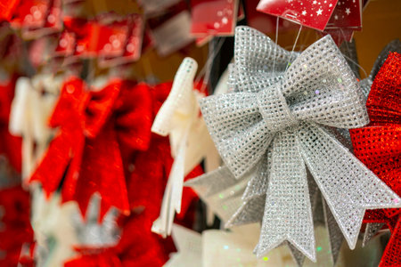 Holiday decorations for the Christmas tree. Blurred holiday background.の写真素材