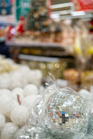 Holiday decorations for the Christmas tree. Blurred holiday background.の写真素材