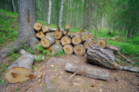 Sawn logs in the summer forest.