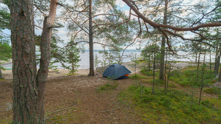 Tent in the forest on the shore of a lake.の写真素材