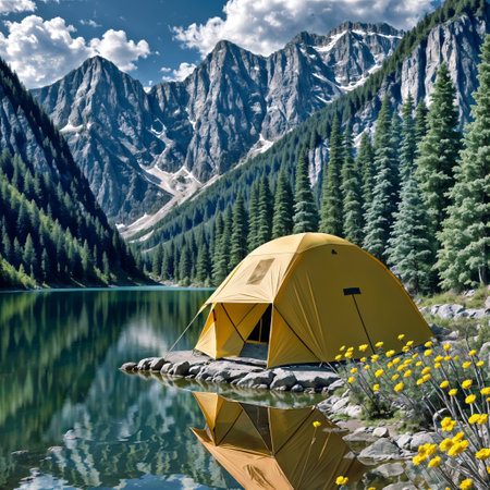 Yellow tent on the shore of a mountain lake on a sunny summer day.の素材