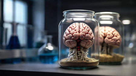 A brain in a jar is displayed in a lab setting.の素材