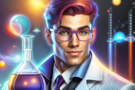 A man wearing glasses and a lab coat is holding a beaker filled with a purple liquid. He is surrounded by colorful lab equipment and glowing orbs.の素材